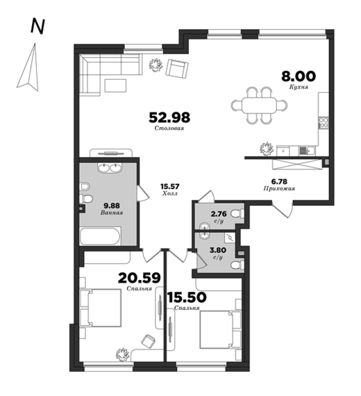 Приоритет, Корпус 1, 2 спальни, 135.06 м² | планировка элитных квартир Санкт-Петербурга | М16
